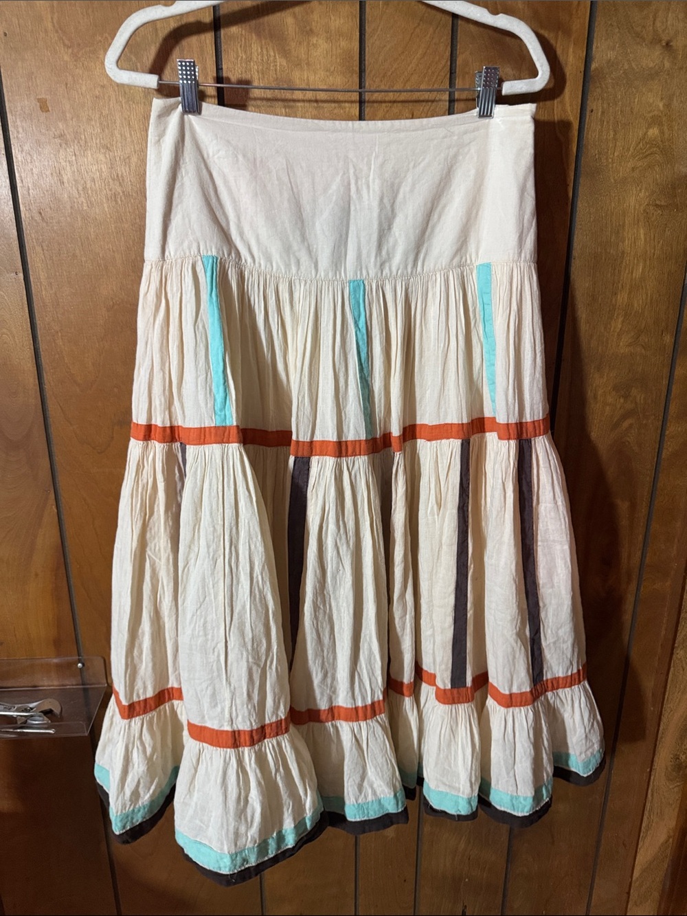For The Republic Ivory Tiered Cotton Skirt with Orange and Teal Trim - Picture 1 of 4